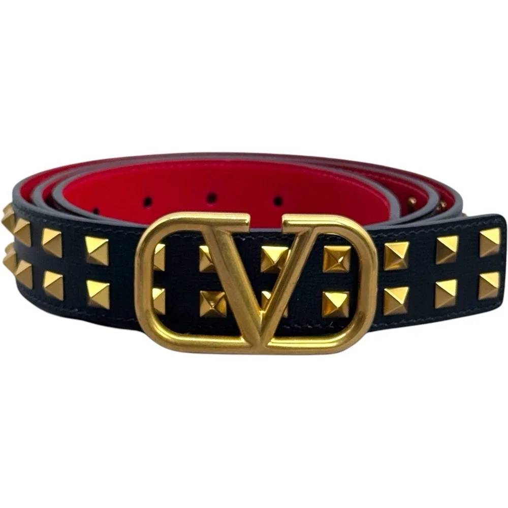 NEW WITH BOX Valentino Black Red Leather V Logo‎ Studded Belt Luxury 100cm L
